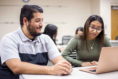 A student and advisor look at a laptop.