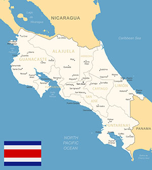 Map of Costa Rica with the Costa Rican flag