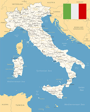 Map of Italy with the Italian flag