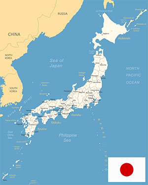 Map of Japan with the Japanese flag