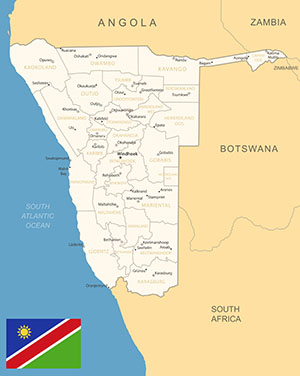 Map of Namibia with the Namibian flag