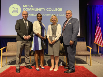 At the Fall Presidents Welcome, left to right, Robert Budach, VP of Administrative Services; Dr. Jeannetta Hollins, VP of Student Aff airs; Dr. Joanne Russell, VP of Academic Aff airs; and Dr. Richard Daniel, MCC President